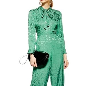 TOPSHOP Tie Neck Jacquard Crop Green Jumpsuit